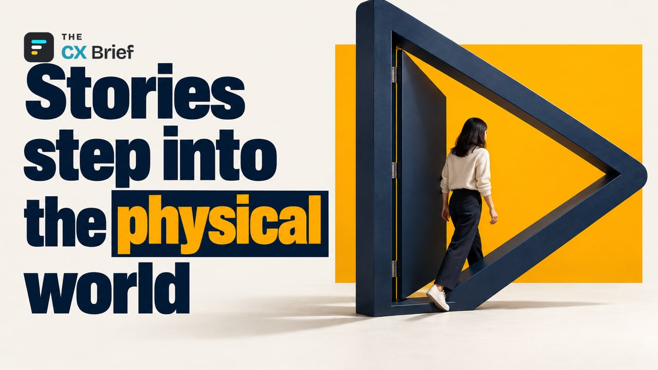 Stories step into the physical world — Netflix House: A Giant Leap from the Digital Screen to the Physical World. An ordinary person steps through the triangular opening of a giant play icon that has turned into a doorway.