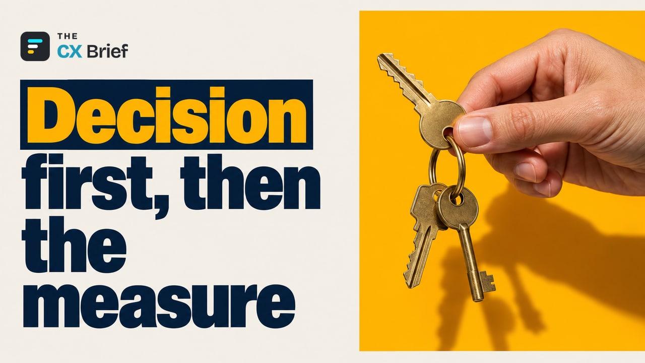 Decision first, then the measure — The differences between NPS, CSAT and CES: When should you use each? A hand pulls forward one of the keys on a ring holding three different keys.
