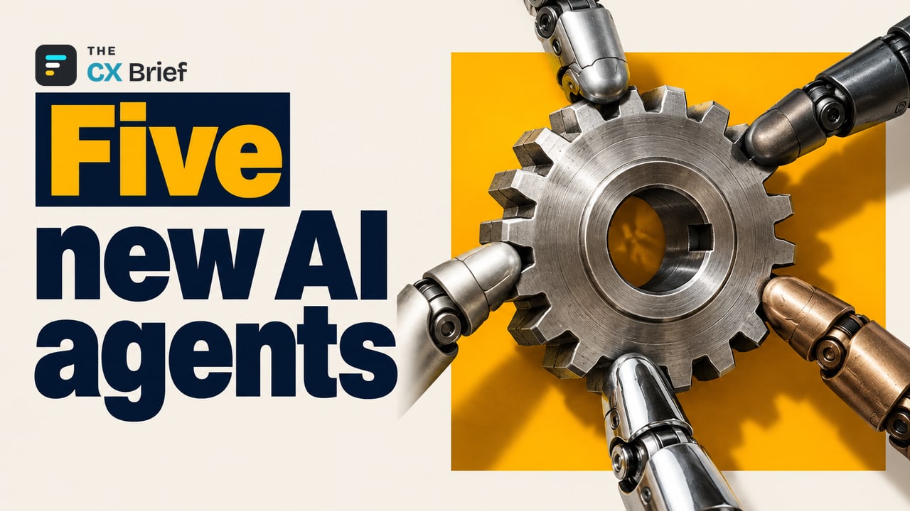 Five new AI agents — Oracle adds five AI agent applications to customer experience software. Five robotic fingers in five different colors turn a single large gear in unison.