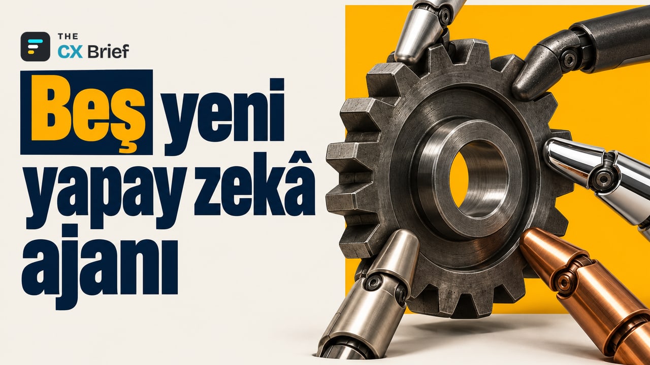 Beş yeni yapay zekâ ajanı — Oracle, müşteri deneyimi yazılımına yapay zekâ ajanlarıyla çalışan beş uygulama ekledi. Beş farklı renkteki robotik parmak, tek bir büyük dişli çarkı aynı anda çeviriyor.