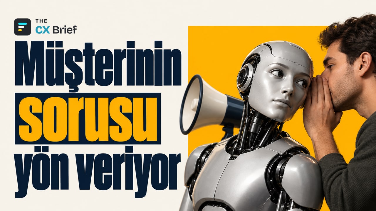 Müşterinin sorusu yön veriyor — Prime Day 2026'da her 3 tüketiciden 1'inden fazlası alışverişte yapay zekâ kullandı! Bir robot, kulağına konuşan sıradan bir müşteriye doğru başını çevirirken arkasındaki megafon diğer yöne bakıyor.