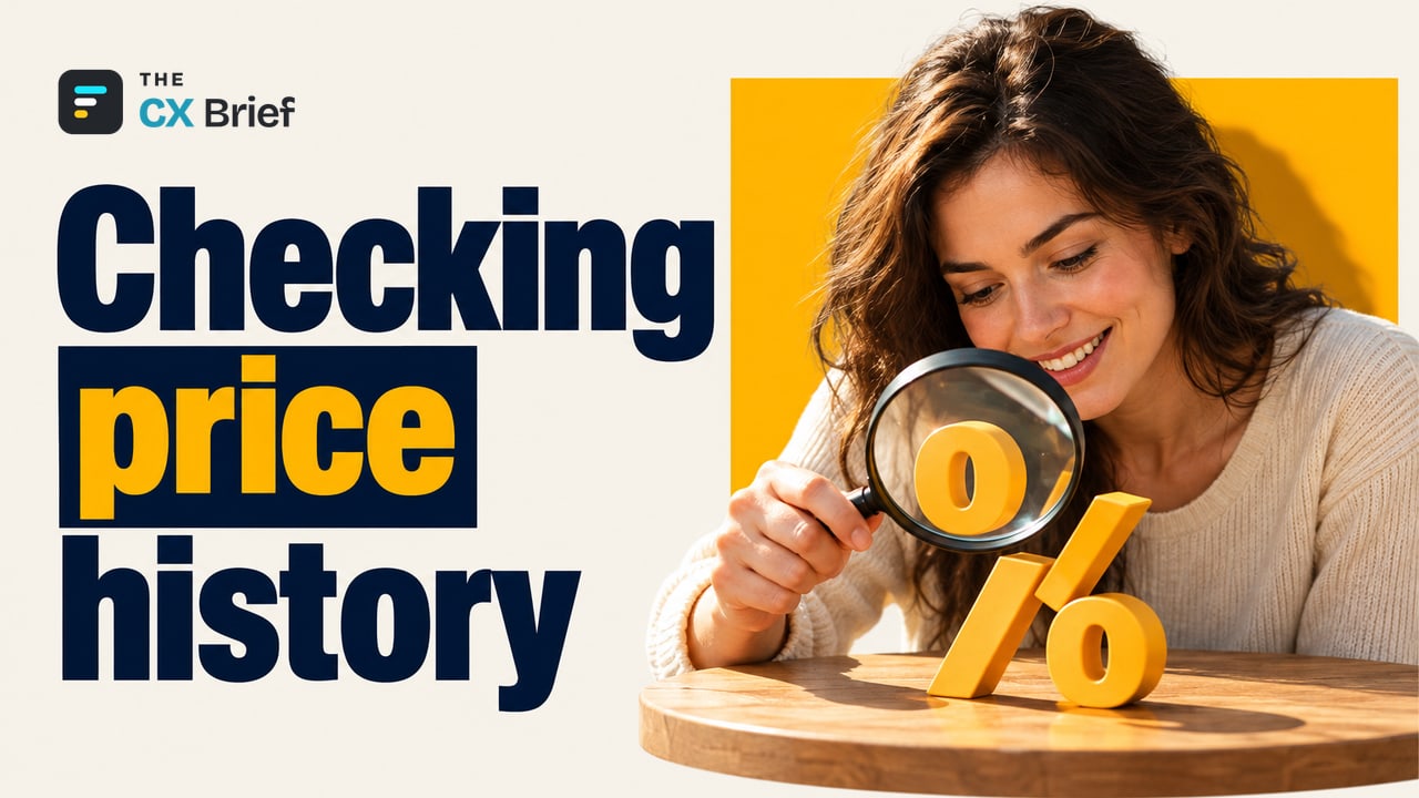 Checking price history — PwC Türkiye: Interest in November discounts rises to 94%; consumers tread carefully by checking price history. A smiling woman uses a magnifying glass to examine an amber percent sign on the table.