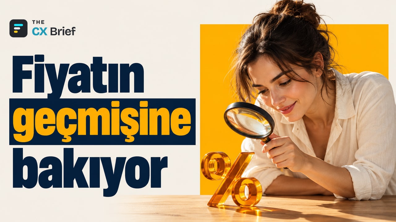 Fiyatın geçmişine bakıyor — PwC Türkiye: Kasım indirimlerine ilgi %94'e çıktı, tüketici fiyat geçmişine bakarak temkinli davranıyor. Gülümseyen bir kadın, masadaki kehribar yüzde simgesini büyüteçle inceliyor.