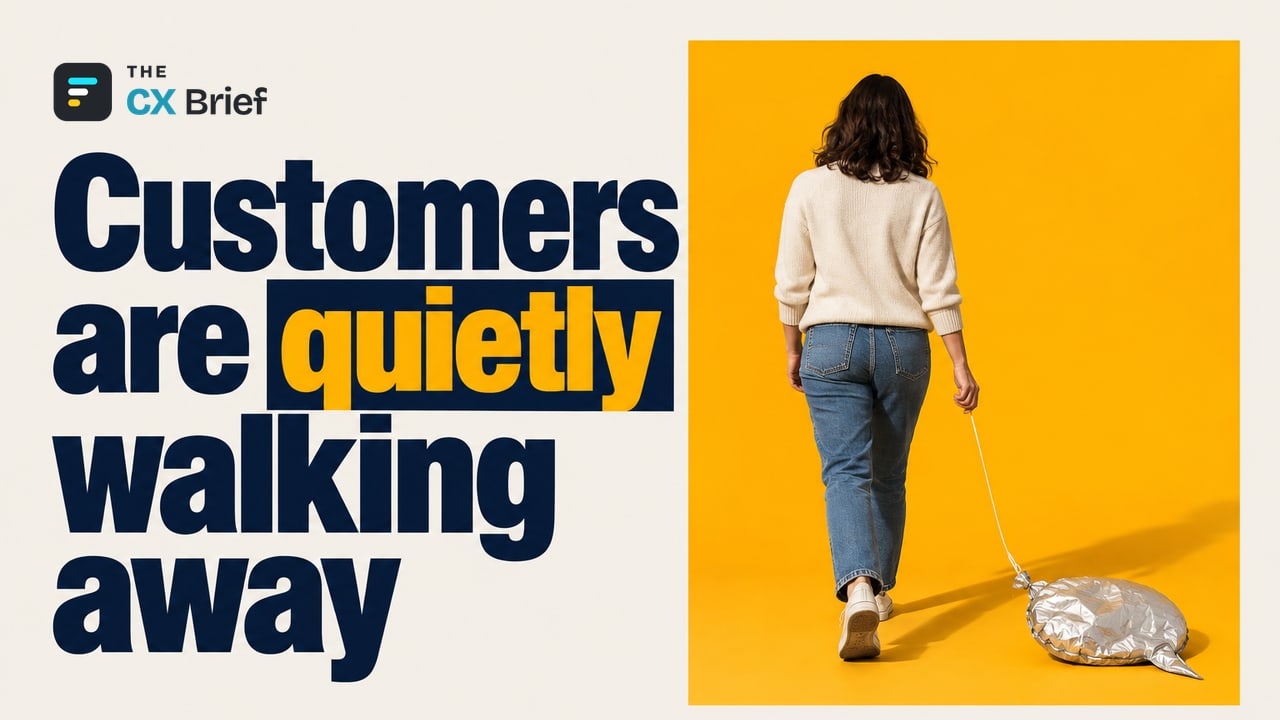 Customers are quietly walking away — Qualtrics 2026 CX Report: "Silent Churn" in Customer Experience and AI's Trust Test. A deflated speech-bubble balloon hangs from the hand of an ordinary person walking away.