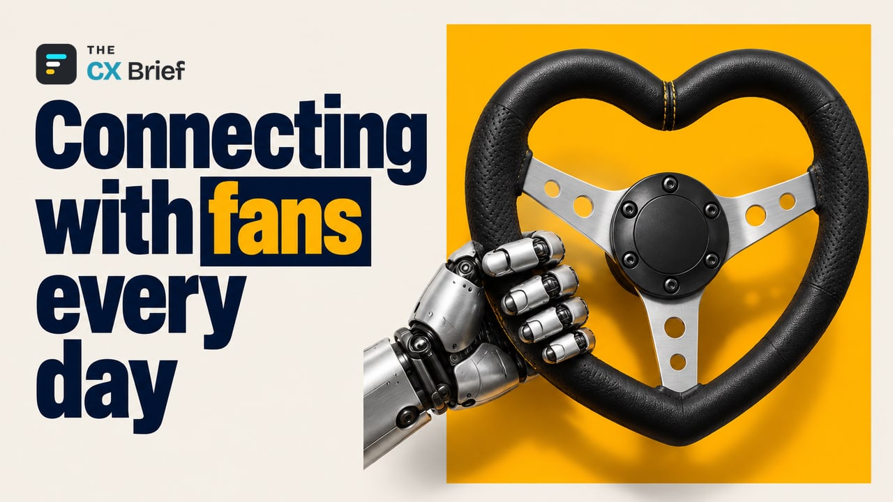 Connecting with fans every day — Racing Returns to Istanbul, and F1 Returns to Fans' Hearts. A robotic hand grips a racing steering wheel whose outer rim has taken the shape of a heart.