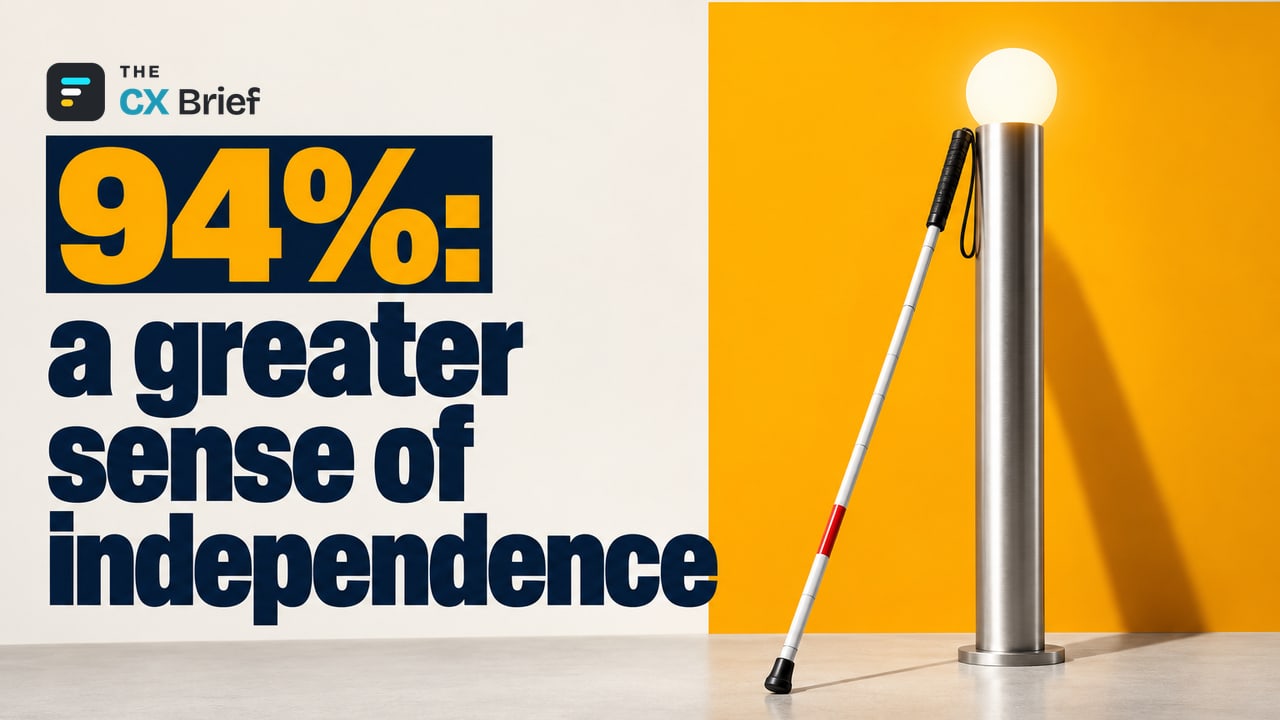 94%: a greater sense of independence — Saudi municipality builds a voice assistant that lets older residents handle government business by speaking their dialect. A white cane leans against a metal pillar topped with a glowing light.