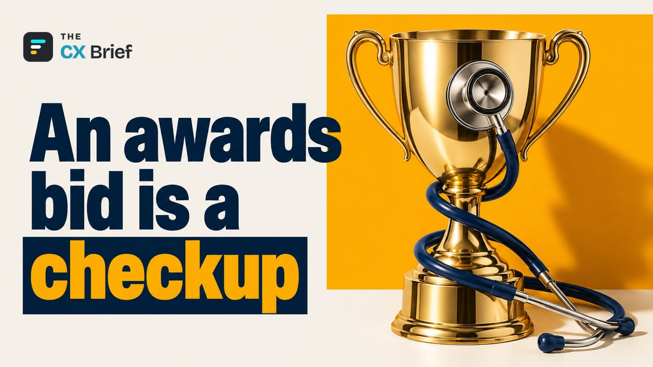 An awards bid is a checkup — Saying "Count Me In" on the Global Stage: The 2026 CX Awards Calendar and a Strategic Roadmap. A stethoscope examines the body of an award trophy.