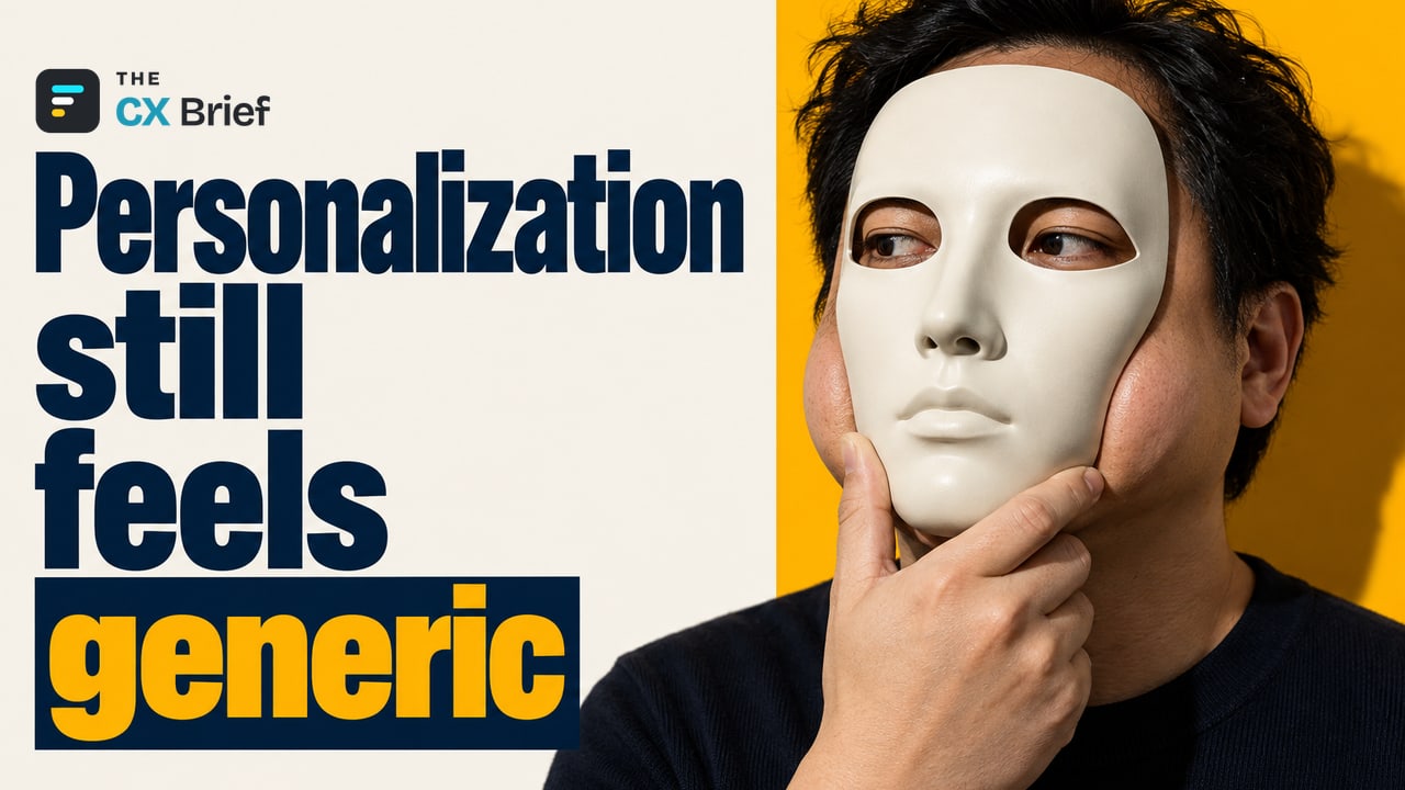 Personalization still feels generic — Saying "Hello [Name]" Isn't Enough: Time to Wake Up From the Personalization Illusion. A personalized mask being fitted onto an ordinary face bears the shape of a mass-produced mold and doesn't fit the face.