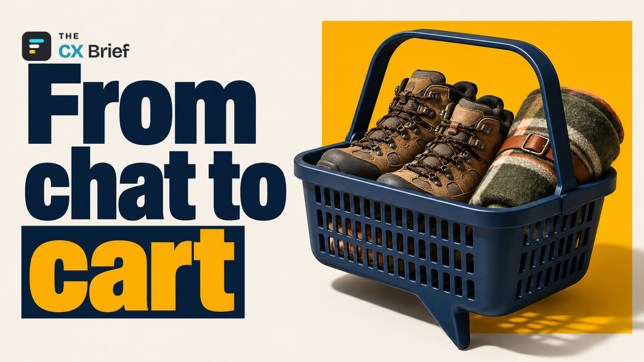 From chat to cart — "Search" Is Dead, Long Live "Discovery": How Walmart and Google Are Redefining CX. A single shopping cart shaped like a speech bubble shows shopping becoming part of the conversation itself.