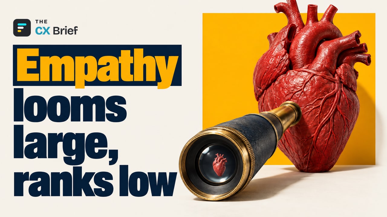 Empathy looms large, ranks low — ServiceNow: 50% of customers say lack of empathy is their biggest frustration. A large heart sculpture looks tiny through a telescope held backward.