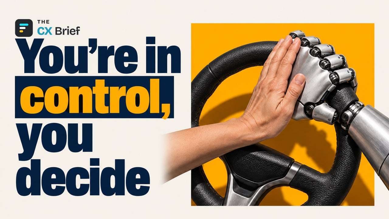 You're in control, you decide — Signicat: 65% of consumers want AI help with financial applications, but only 11% would hand the application over to it. A human hand gently pushes back a robotic hand holding the steering wheel.