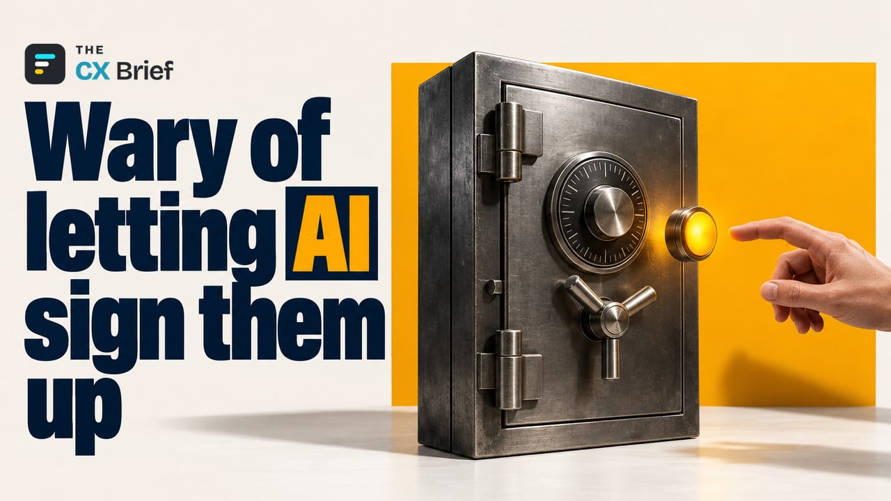 Wary of letting AI sign them up — Signicat: 79% of financial institutions ready for AI agents, but only 14% of consumers comfortable. A start button in front of a heavy, locked safe pulls back as a finger reaches toward it.