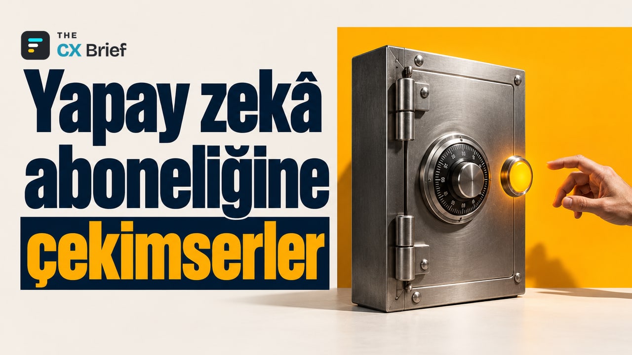 Yapay zekâ aboneliğine çekimserler — Signicat: Finans kuruluşlarının %79'u yapay zekâ ajanlarına hazır, tüketicinin yalnızca %14'ü rahat. Kilidi kapalı ağır bir kasanın önünde duran açılış düğmesi, parmağın uzanmasıyla geri çekiliyor.