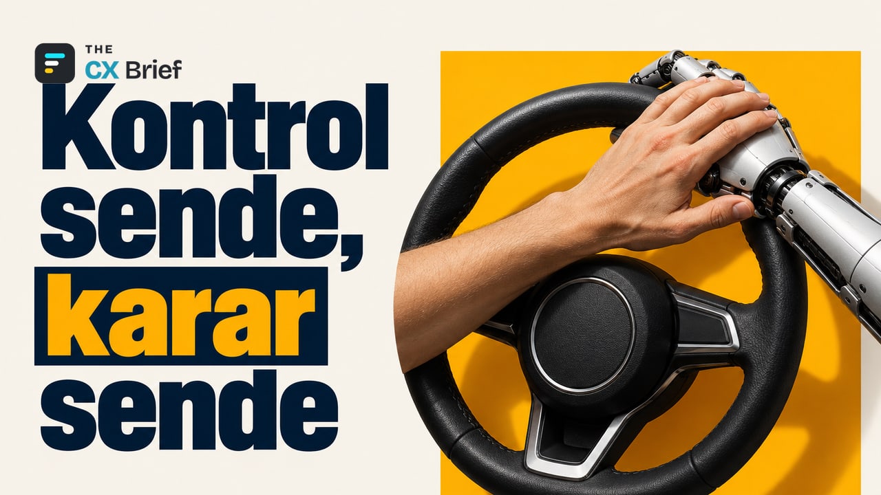 Kontrol sende, karar sende — Signicat: Tüketicilerin %65'i finansal başvuruda yapay zekâdan yardım istiyor, yalnızca %11'i başvuruyu ona bırakıyor. Bir insanın eli, direksiyonu tutan robotik bir eli üzerinden hafifçe geriye doğru itiyor.