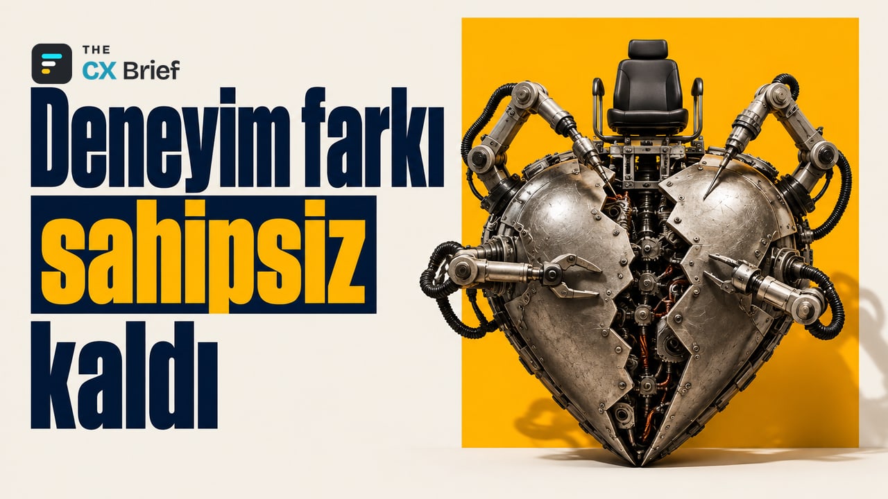 Deneyim farkı sahipsiz kaldı — Şirketle müşteri arasındaki deneyim farkı 20 yılda kapanmadı; yazara göre sorun teknoloji değil. Onarım için uzanan robot kollarının ortasında, kumanda koltuğu boş duran çatlak bir kalp makinesi var.