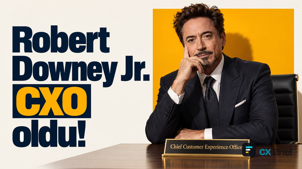 Robert Downey Jr. CXO oldu! — Snap, Robert Downey Jr.'ı SPECS'in fahri müşteri deneyimi lideri (Chief Customer Experience Officer) yaptı. Koyu takım elbiseli Robert Downey Jr., üzerinde "Chief Customer Experience Officer" yazan isim levhası olan bir masada, eli çenesinde oturuyor.