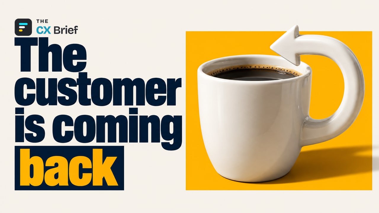 The customer is coming back — Starbucks' Big Comeback. The handle of a single coffee cup forms a return arrow pointing back toward the cup itself.