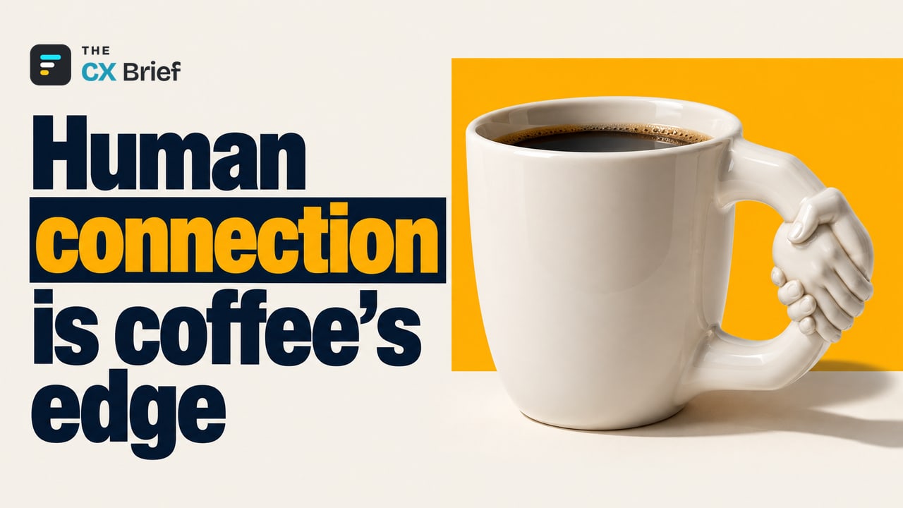 Human connection is coffee's edge — Starbucks Challenges Its Rivals With Experiences That Have "Soul". The handle of a coffee cup is formed by two ordinary human hands holding each other.