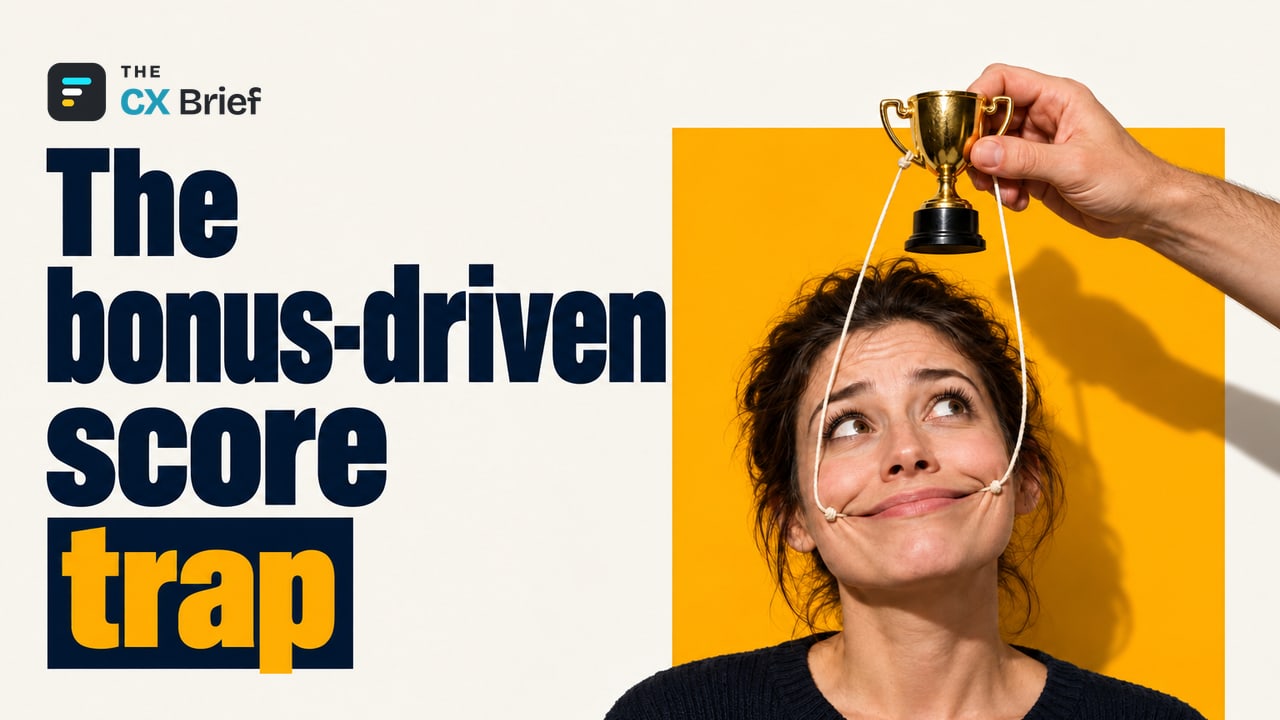 The bonus-driven score trap — Starbucks' New Bonus System: The 'Training the Customer' Trap in Customer Experience. Puppet strings running from a trophy held in a hand force an ordinary person's mouth into a smile.