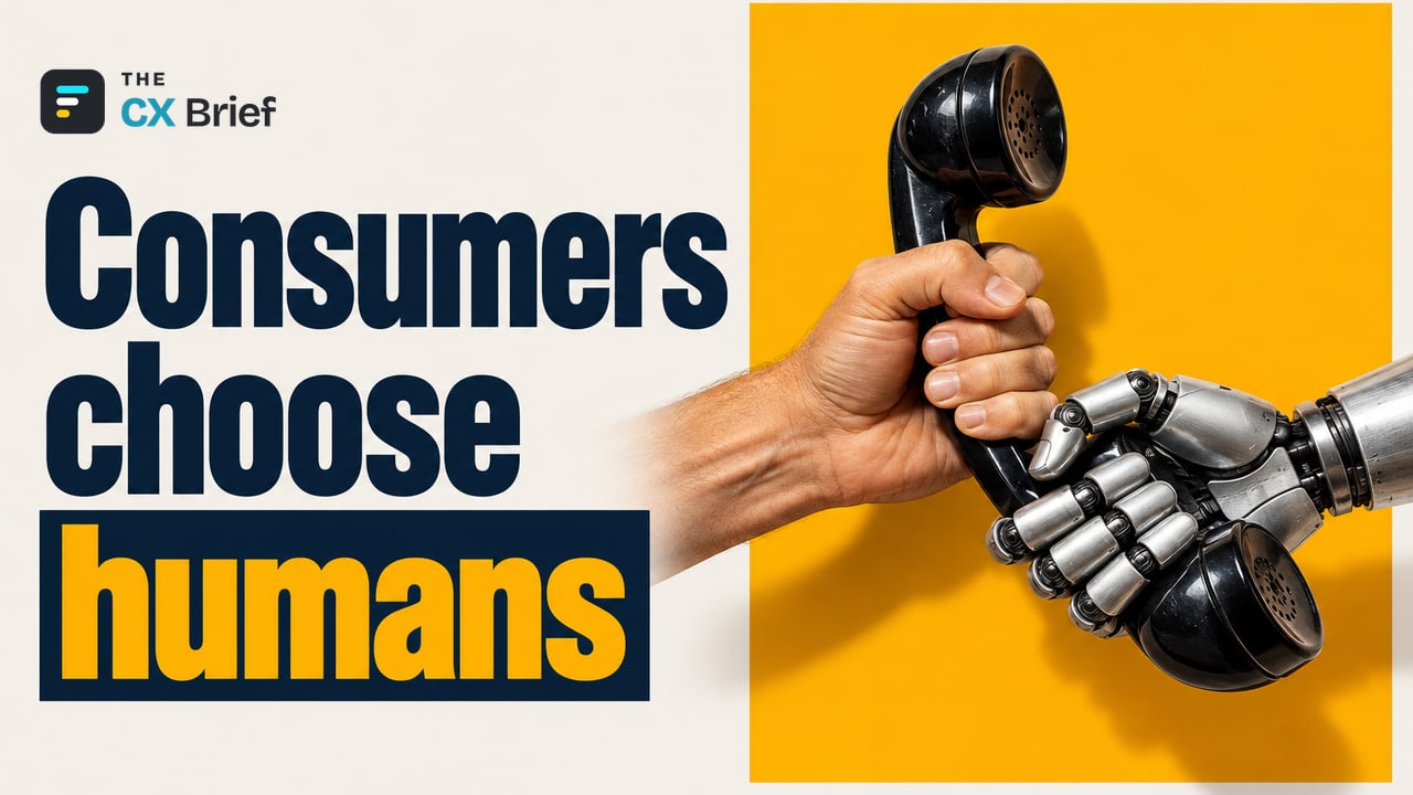Consumers choose humans — SurveyMonkey: 79% of US consumers prefer speaking with a human over an AI agent. A telephone handset held between two hands: one end by a human hand, the other by a metallic robot hand.