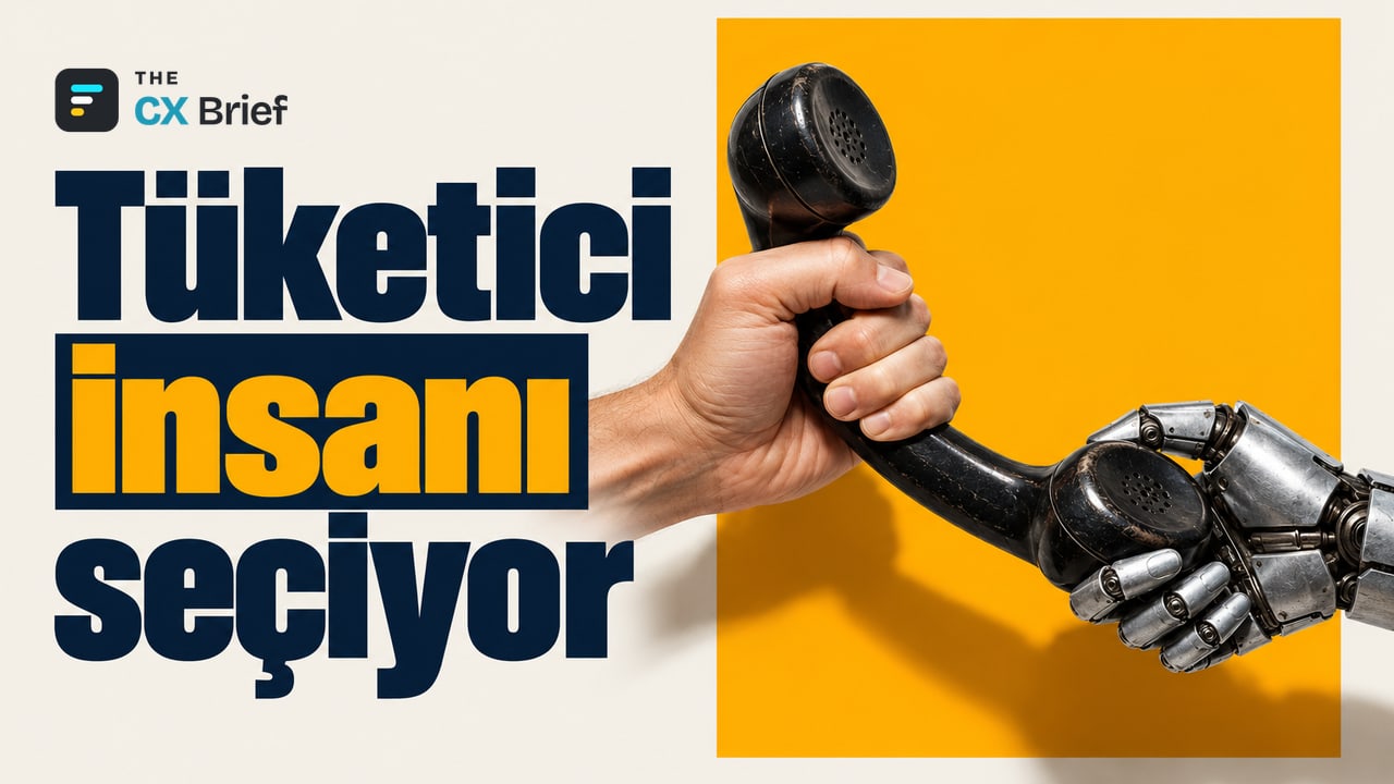 Tüketici insanı seçiyor — SurveyMonkey: ABD'li tüketicilerin %79'u yapay zekâ ajanı yerine insanla görüşmeyi tercih ediyor. İki elin arasında duran bir telefon ahizesi; ahizenin bir ucu insan eli, diğer ucu metalik bir robot eli tarafından tutuluyor.