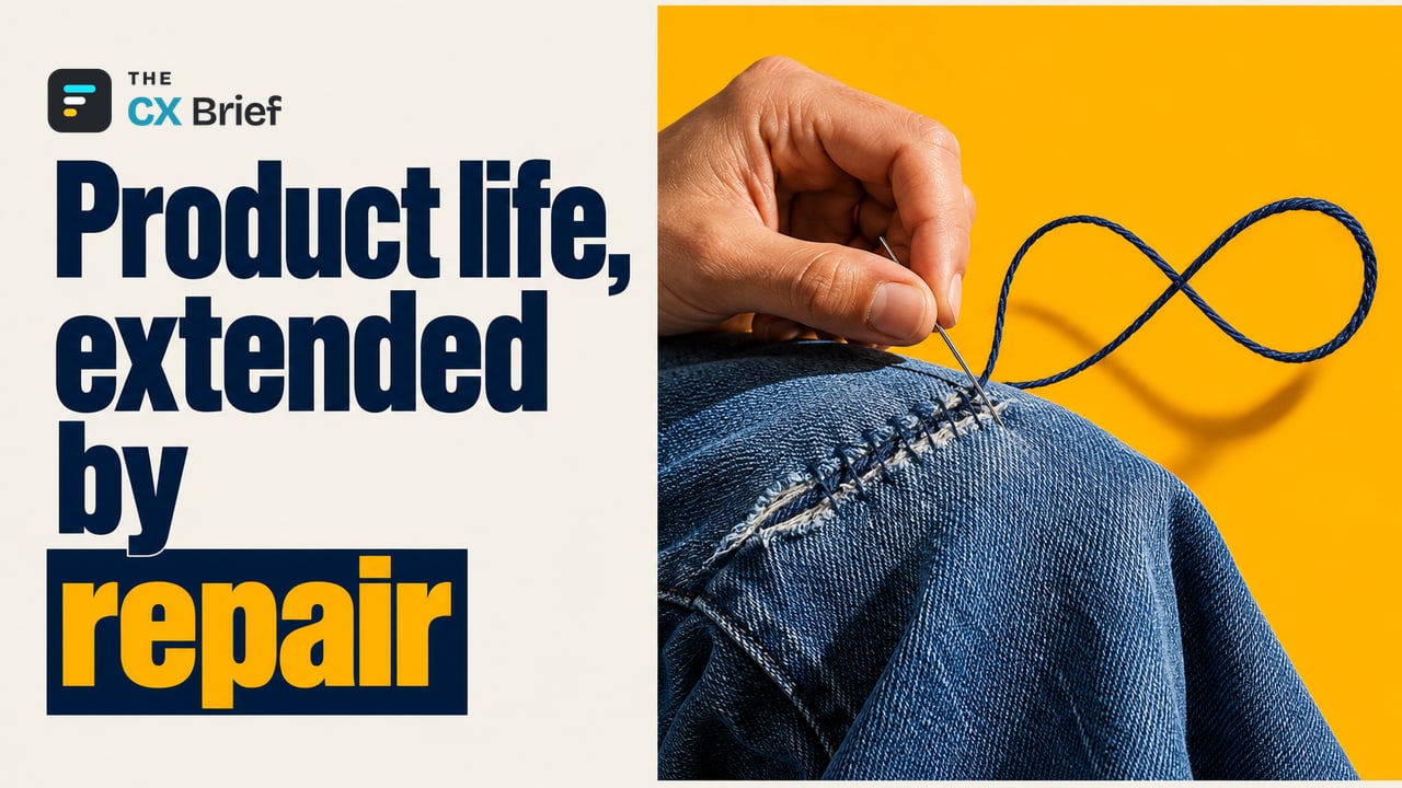 Product life, extended by repair — "Tailoring" Makes a Comeback in the Age of AI: Levi's Launches "Wear Longer." A hand stitches up a tear in a pair of jeans while the trailing thread curls into an infinity symbol.