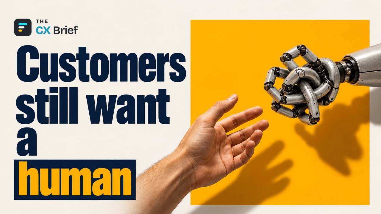 Customers still want a human — The AI Letdown in Customer Service: Why Consumers Are Still Looking for a Human. Facing an open human hand waiting for help is a robotic hand with its fingers knotted together.