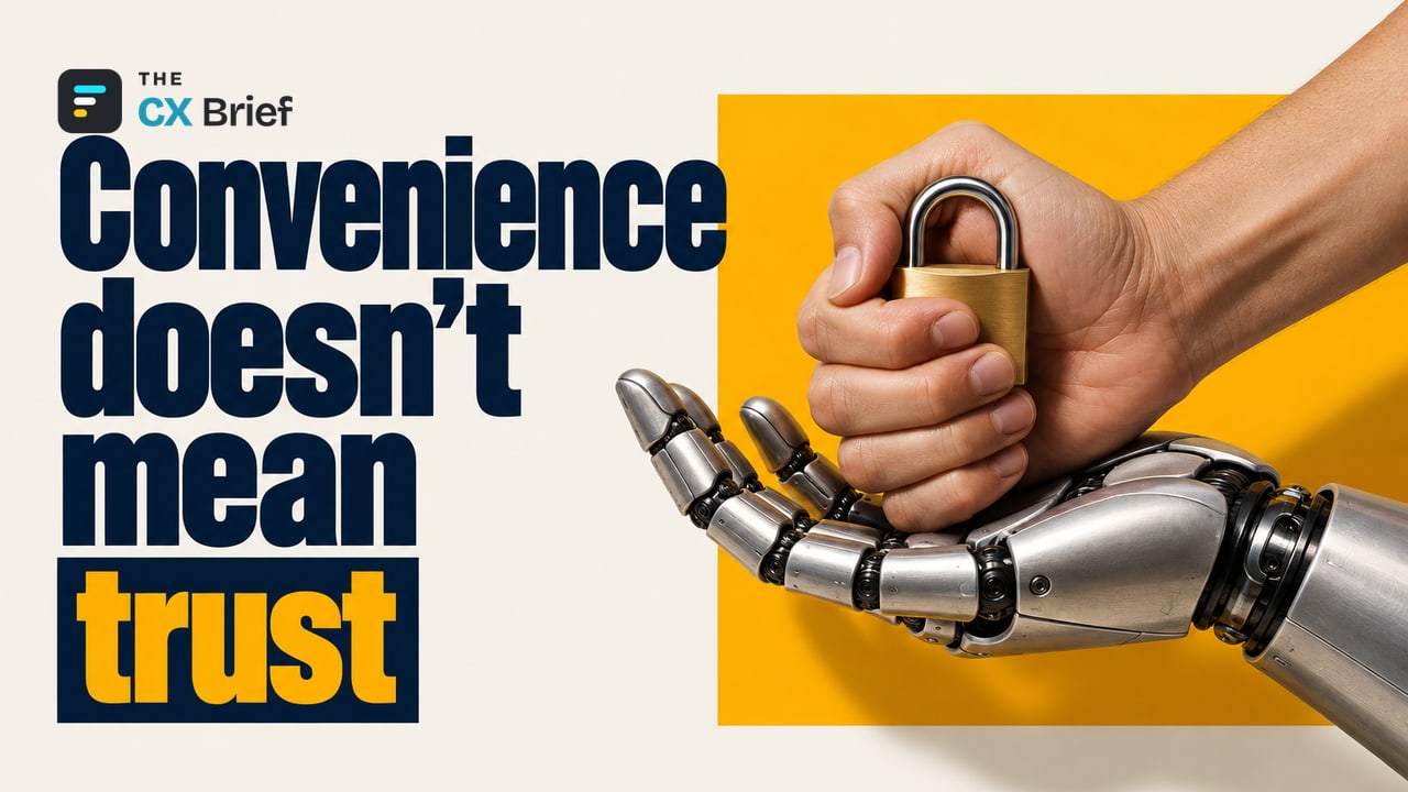 Convenience doesn't mean trust — The Algorithm of the Human Touch: The Trust Paradox and the Front Line (Part 2). A human hand reaching toward a robotic hand grips a padlock tightly in its palm.