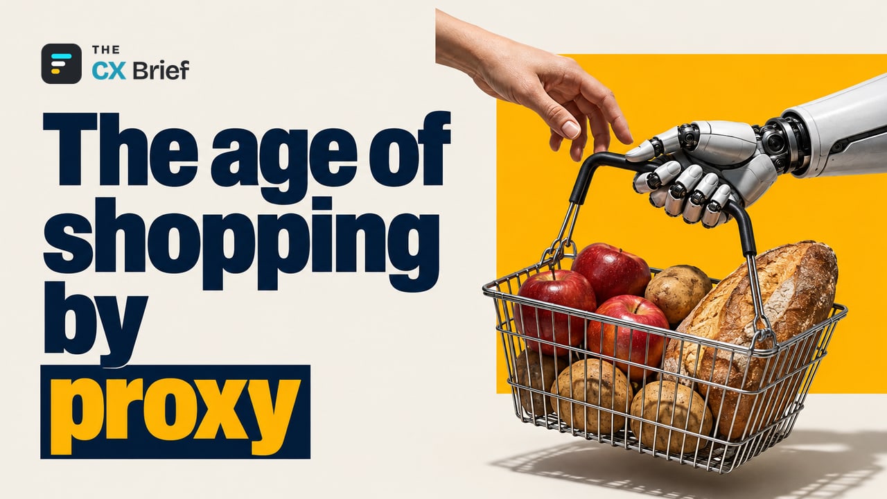 The age of shopping by proxy — The Collapse of the Search Box: The Era of Autonomous Commerce and AI Shopping. A human hand passes the handle of a full shopping basket to a robot hand.
