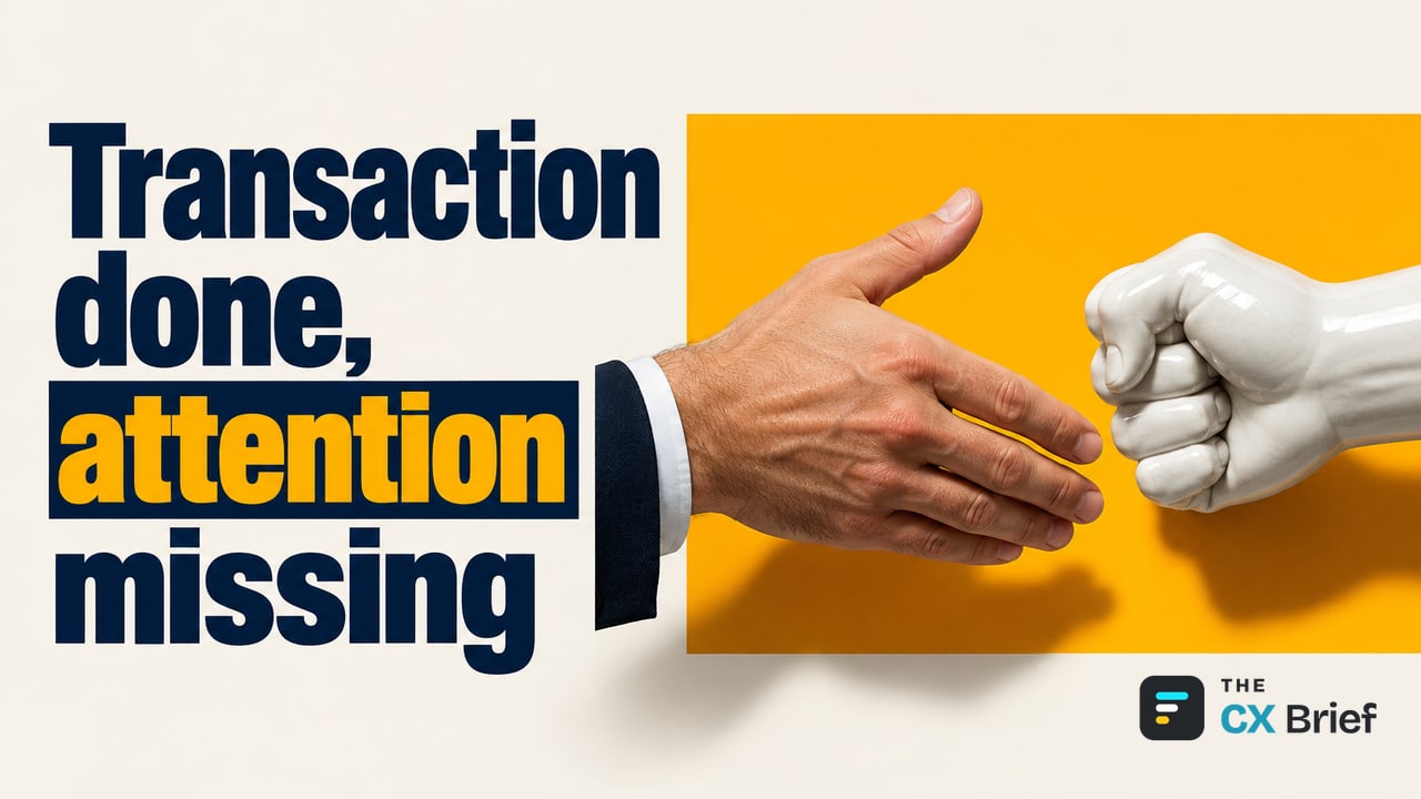 Transaction done, attention missing — The Customer Opens the App. What Does the Bank Say? An ordinary human hand reaching out for a handshake is met by a flawlessly crafted porcelain hand formed into a clenched fist.