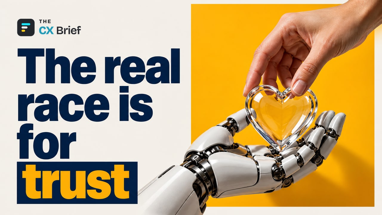 The real race is for trust — The CX Report Card for AI Platforms: Gemini Leads, but the Real Race Is for Trust. A human hand entrusts a fragile glass heart to an open robotic palm.