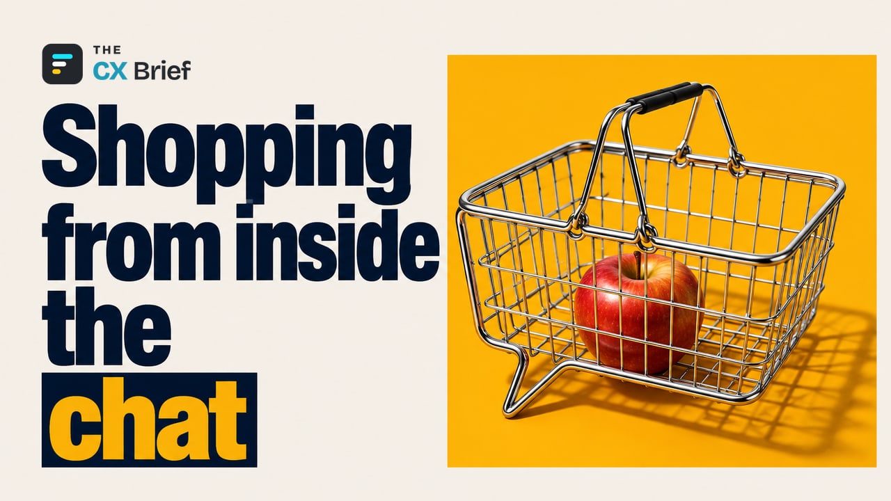 Shopping from inside the chat — The Era of Conversational Shopping Begins With ChatGPT. A speech bubble has turned into a wire shopping basket carrying an apple.