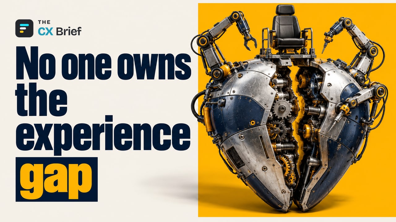 No one owns the experience gap — The experience gap between companies and customers hasn't closed in 20 years, and the author says technology isn't the problem. Robot arms reach in for repairs around a cracked heart machine whose control seat stands empty.