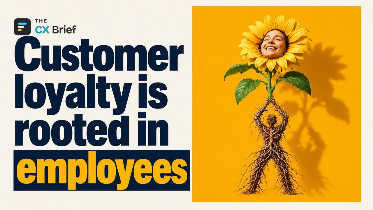 Customer loyalty is rooted in employees — The Hidden Root of Customer Experience: 10 Steps for Companies That Want to Focus on Employee Experience. An ordinary employee figure forming the roots of a single plant nourishes its flower, which is shaped like a smiling customer's face.
