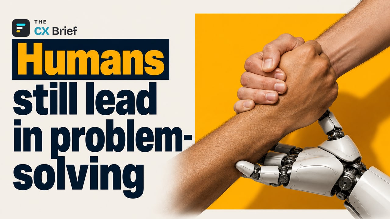 Humans still lead in problem-solving — Humanity's Triumph in the Age of AI: Striking Truths From the 2026 Customer Experience Report. Two human hands clasp each other, supported from below by a robot hand.