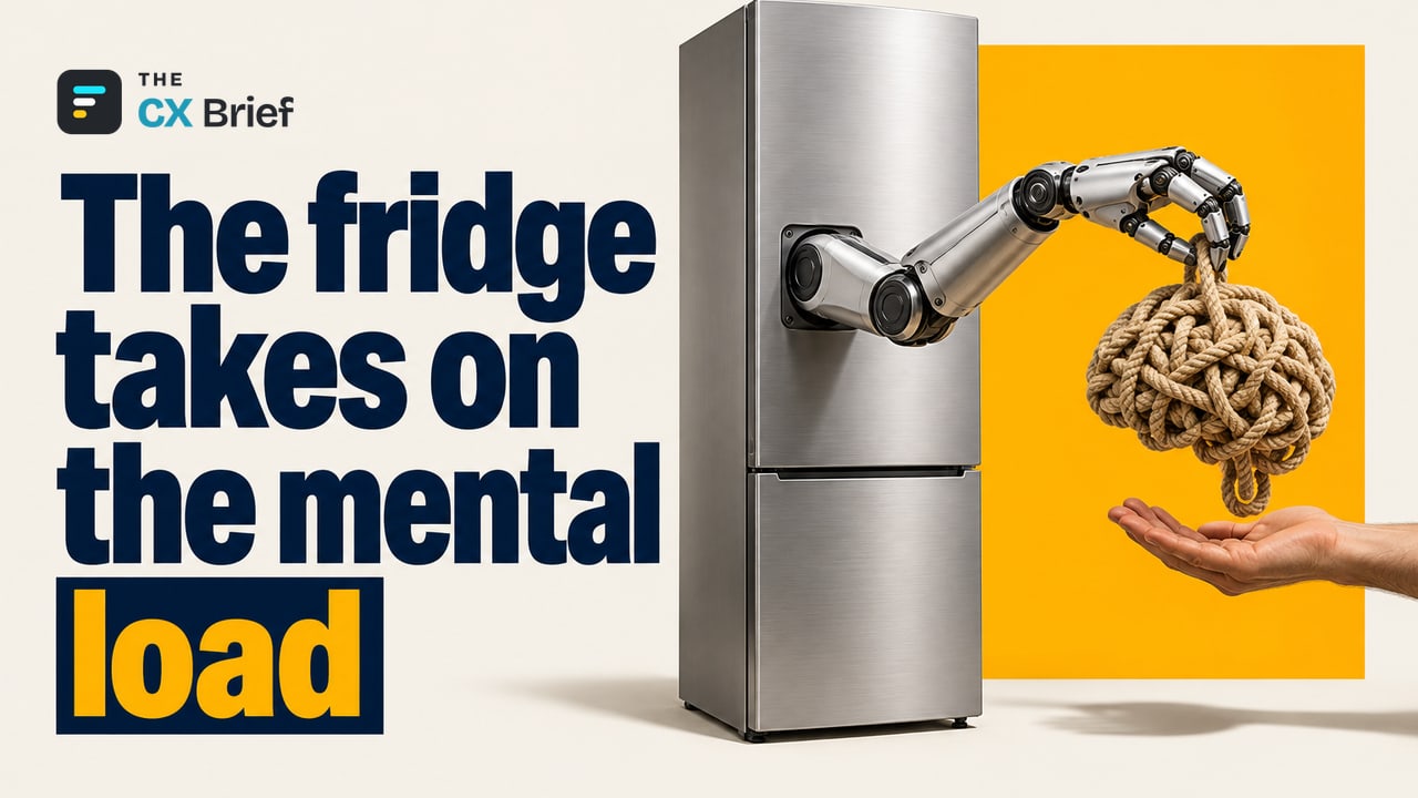 The fridge takes on the mental load — The “Is Someone in the Kitchen?” Slogan Comes to Life: Your Fridge Is Now Your Home’s “Operations Manager.” A robotic arm reaching out of a refrigerator lifts a heavy, tangled ball shaped like a brain from a person’s palm.