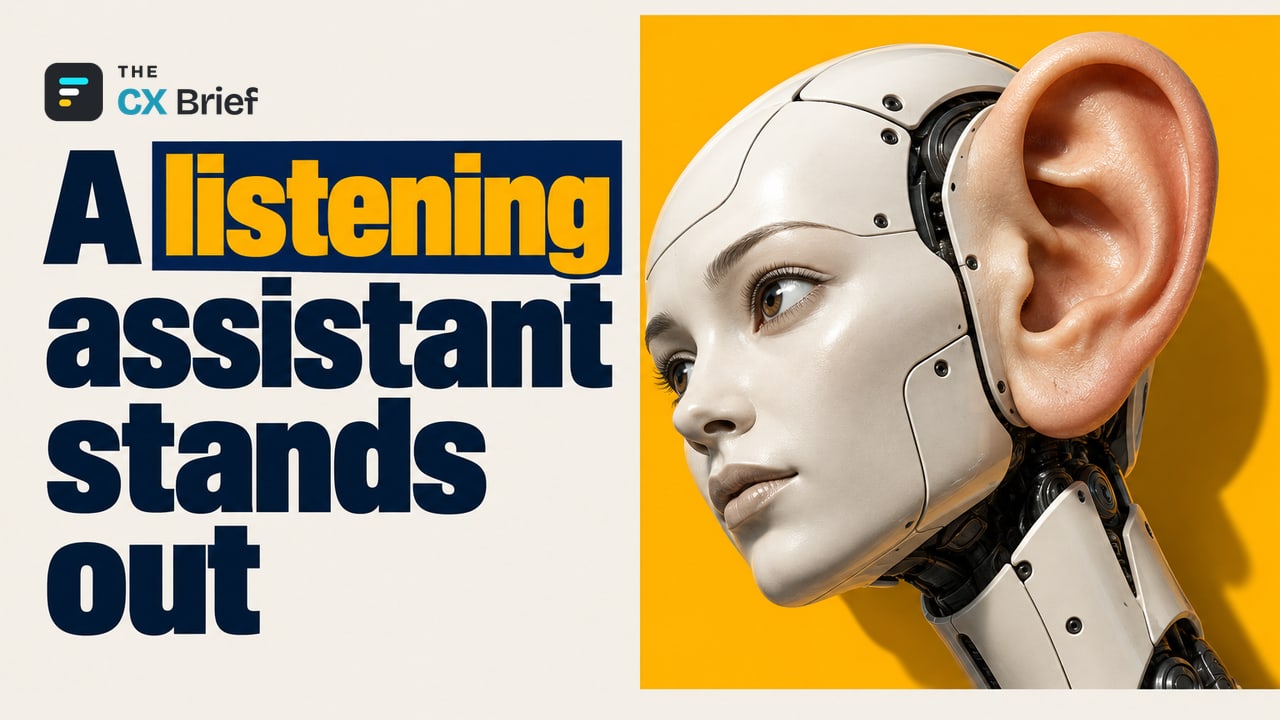 A listening assistant stands out — The "Michelin" Star Era of Voice Assistants. A robot head tilts a giant human ear forward to listen.