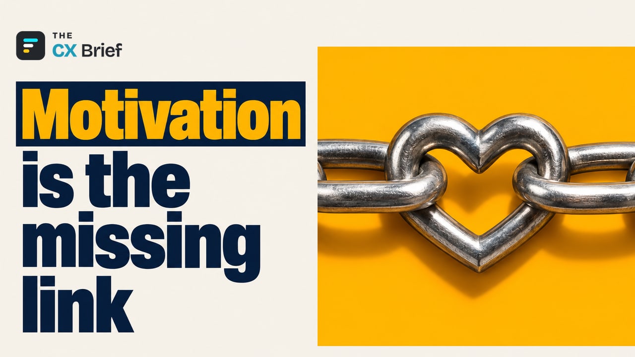 Motivation is the missing link — The Missing Link in the Age of AI: Motivation and Leadership in Workforce Transformation. A single heart-shaped link joins the two ends of a mechanical chain.