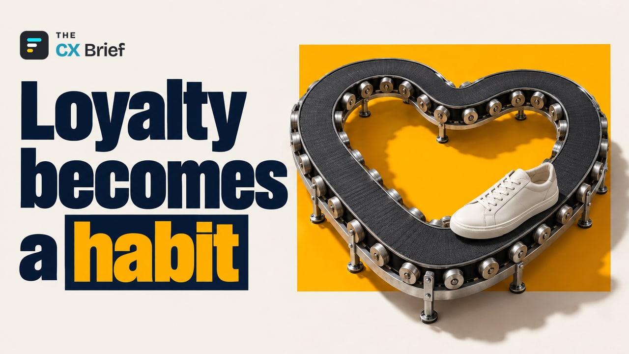 Loyalty becomes a habit — The New Loyalty Playbook: The Habit Loop and the Future of Experience. A continuous conveyor belt that loops into the shape of a heart carries a single everyday sneaker around and around.