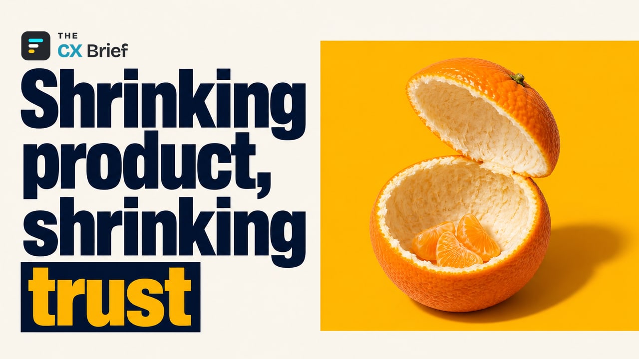 Shrinking product, shrinking trust — The New Rule of Customer Loyalty in 2026: Be "Fair," Not Just Cheap. An orange that looks whole from the outside is cut open, revealing that it has been largely hollowed out.