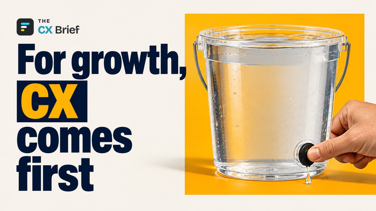 For growth, CX comes first — The New Rule of SMB Growth: Customer Experience First. A hand plugs the hole in a bucket full of water as the water level in the bucket rises.
