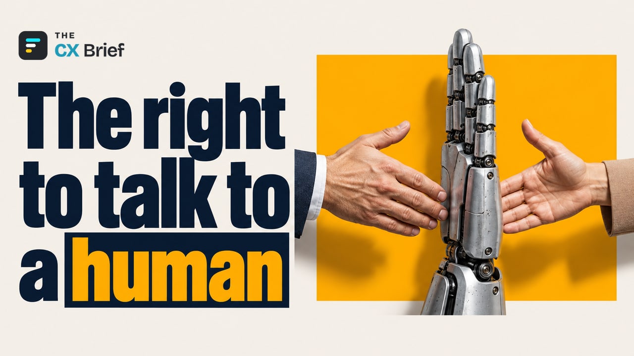 The right to talk to a human — The Right to Talk to a Human: The Cost of Giving Chatbots Responsibility Without Authority. A robot hand cuts in like a barrier between two human hands reaching for each other.