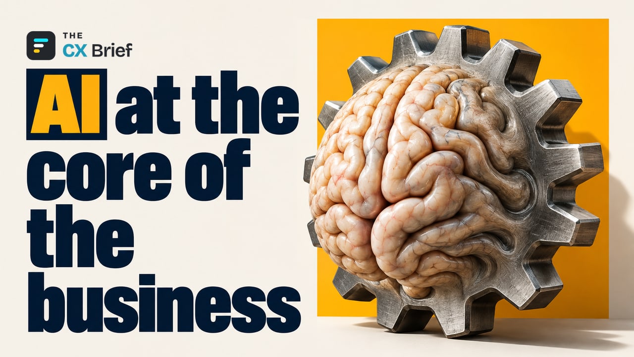 AI at the core of the business — The ServiceNow-OpenAI Partnership: A Blueprint for the Future of Enterprise AI. A brain set at the center of a large gear forms the mechanism's integral hub.