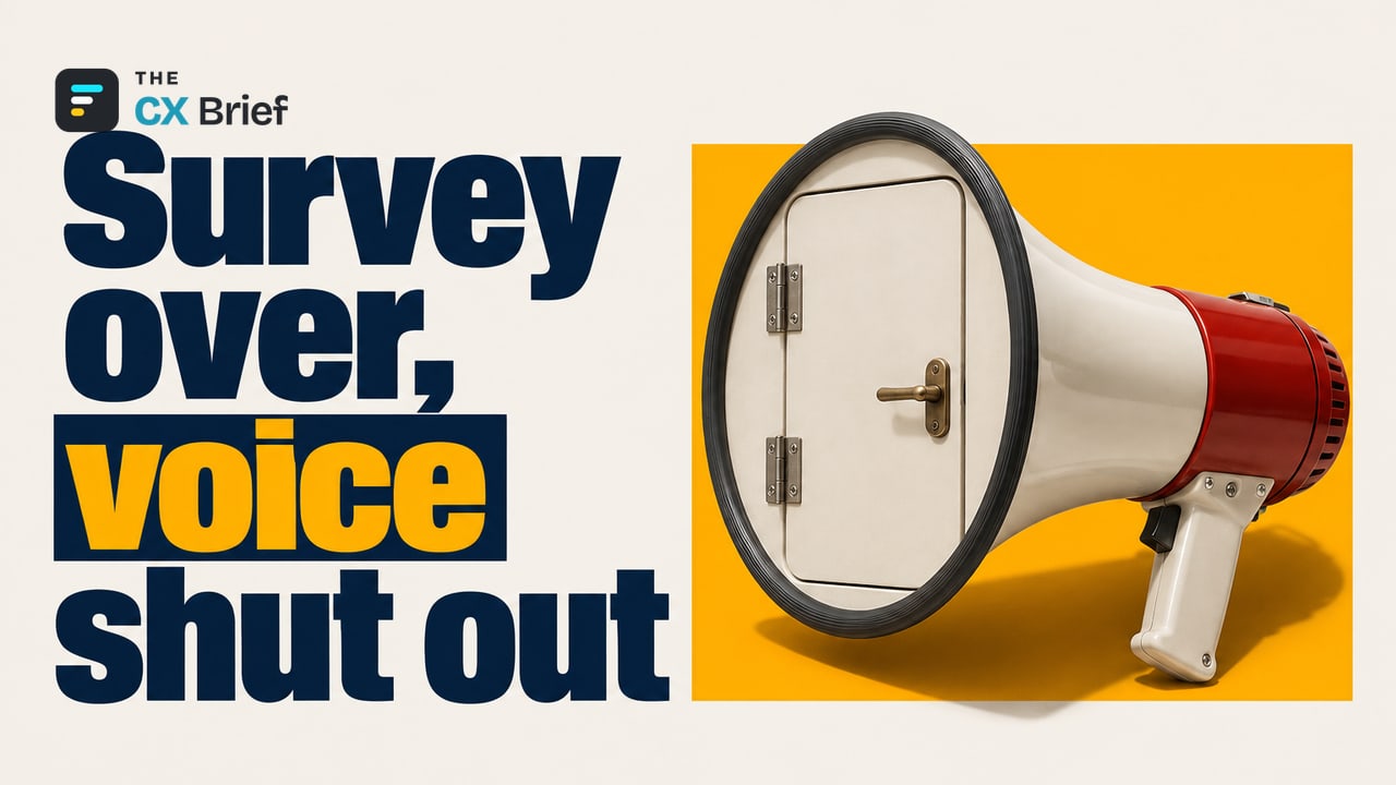 Survey over, voice shut out — The Survey Has Expired. The wide mouth of a megaphone is blocked by a closed door that fits snugly over it.