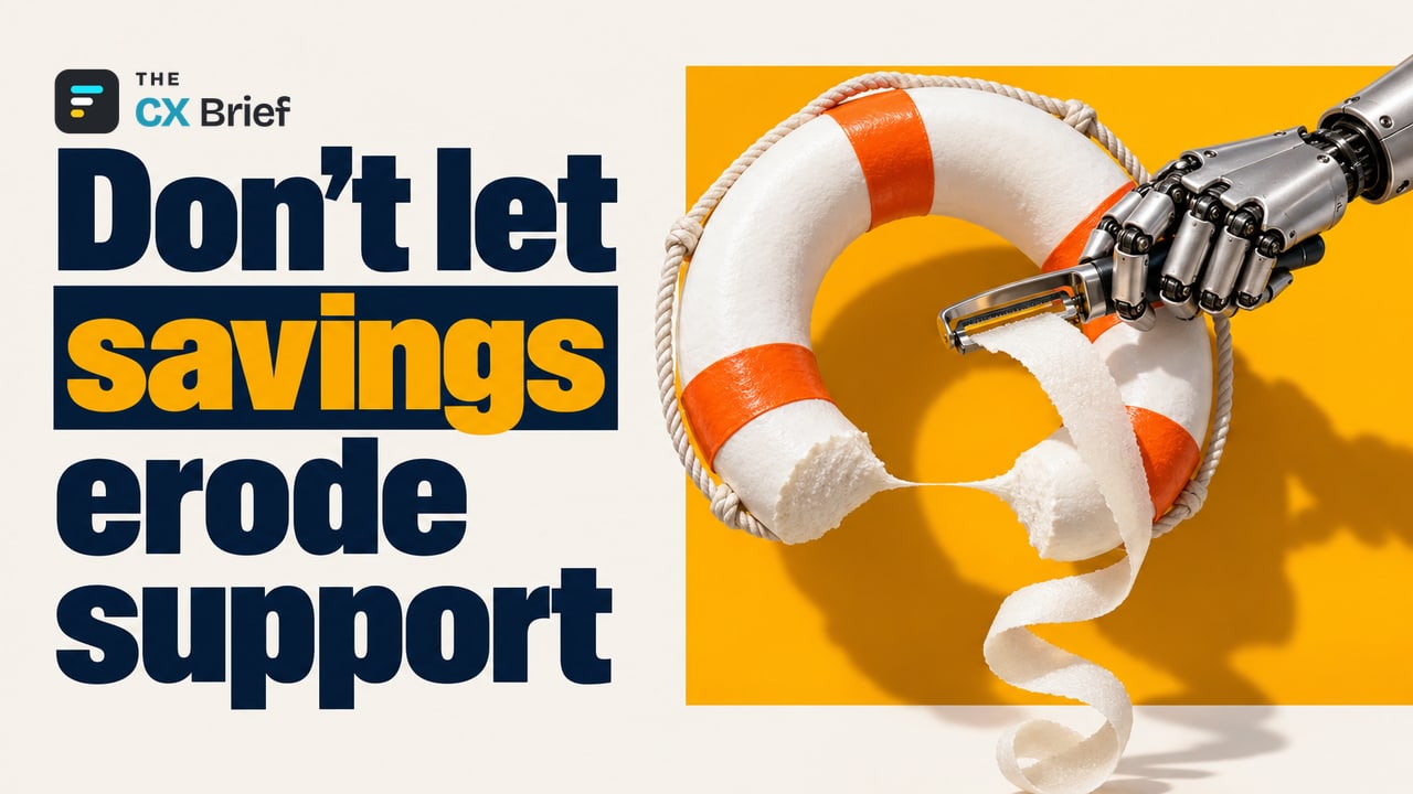 Don’t let savings erode support — The AI Wave and the Future of Customer Service: A Focus on Cost or a Sustainable Experience? A robotic hand thins a life preserver with a vegetable peeler; as the peeled strip grows longer, part of the ring weakens to the point of breaking off.