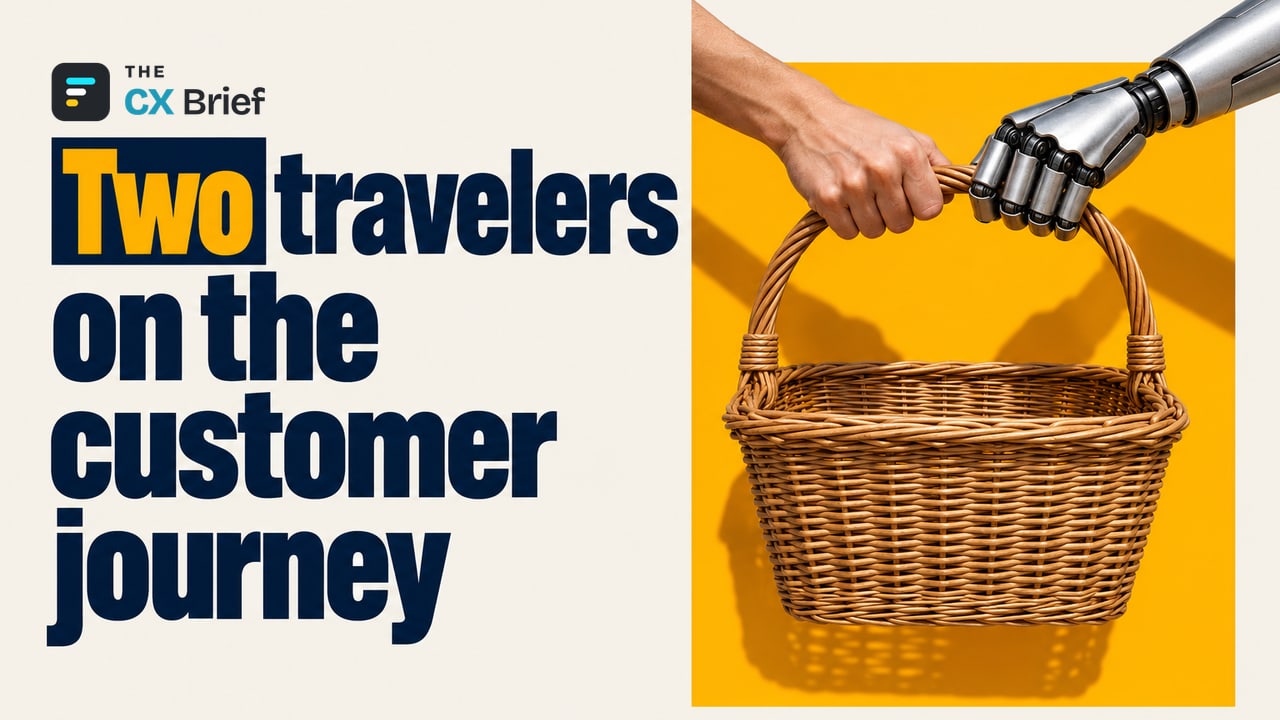 Two travelers on the customer journey — There Are Now Two Travelers on the Customer Journey. A human hand and a robot hand grip the handle of a single shopping basket together.