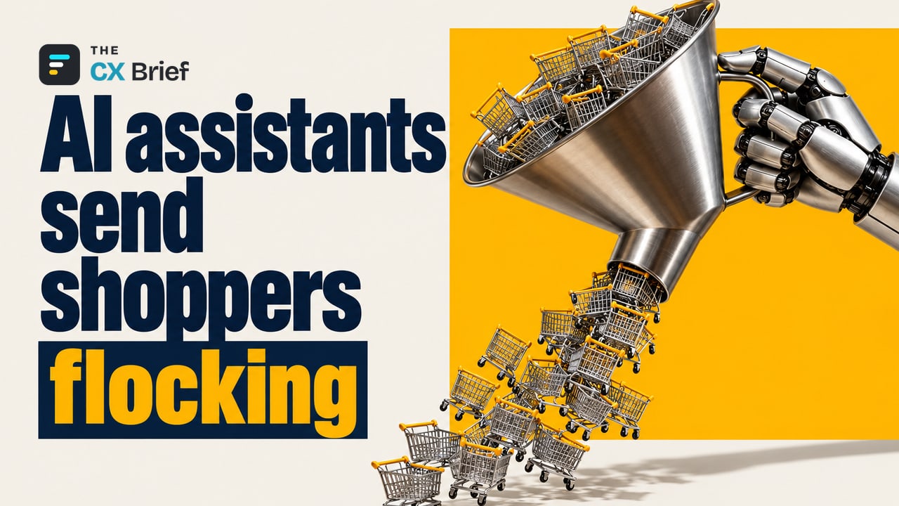 AI assistants send shoppers flocking — Traffic to US retail sites from AI sources rose 393% in Q1 2026. A robot hand tilts a large funnel; miniature shopping carts pour out of it.