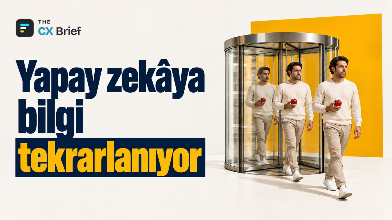 Yapay zekâya bilgi tekrarlanıyor — Tüketicilerin %74'ü yapay zekâ asistanına derdini iki kez anlatmak zorunda kaldı. Döner kapıdan peş peşe çıkan aynı adam silüetleri, her seferinde aynı eşyayı geride bırakıyor.