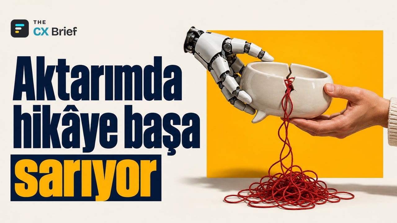 Aktarımda hikâye başa sarıyor — Five9: Tüketicilerin %80'i yapay zekâ destekli müşteri hizmetini kullanmaya istekli. Robot elinden insan eline geçen konuşma balonu biçimindeki kabın içindeki ip, aktarım sırasında çatlağından dökülüyor.