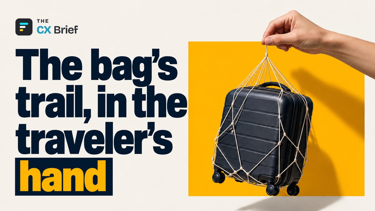 The bag's trail, in the traveler's hand — Turkish Airlines and Samsung Usher In a New Era of Baggage Tracking: A 700-Million-Device Network in Your Pocket. A fine web of string wrapped around a single suitcase leads to a single thread the traveler holds between two fingers.